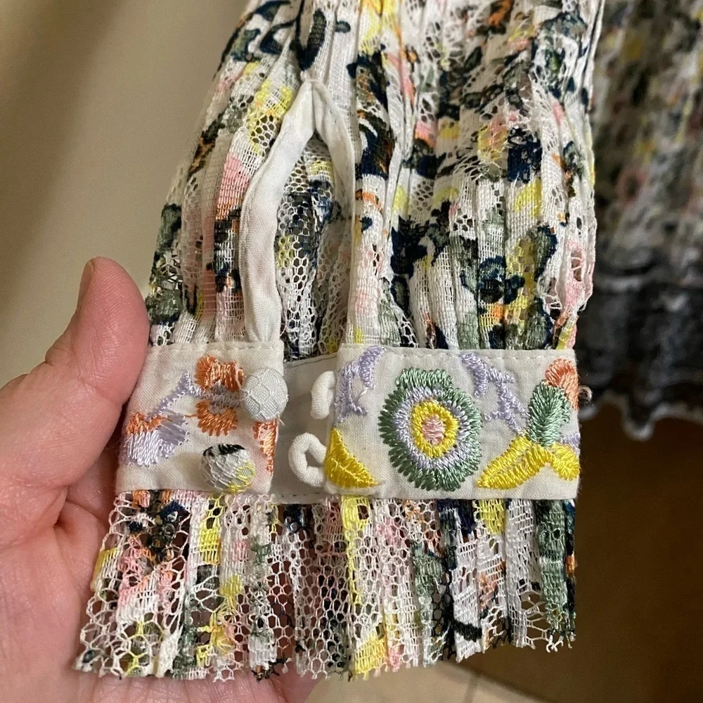 FREE PEOPLE Cherry Blossom Mini Dress in Ivory Multicolor Embroidered Mesh Sz 0
